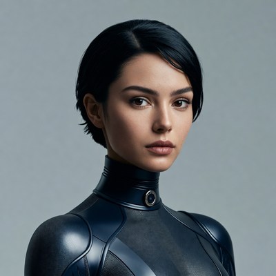 Woman in black latex sci-fi suit