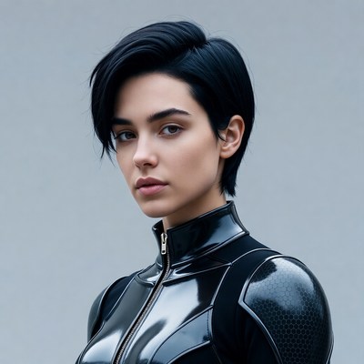 Woman in black latex sci-fi suit
