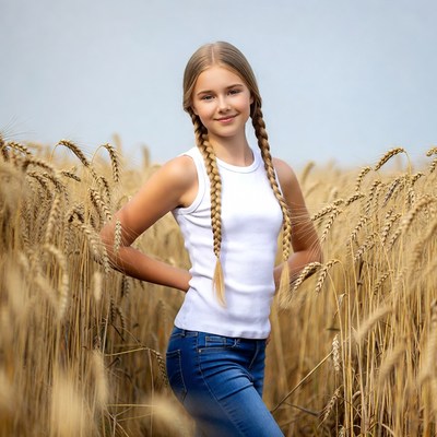 Girl with braids in wheat field