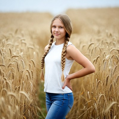 Girl with braids in wheat field