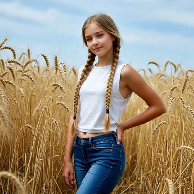Teen girl with pigtails in wheat field