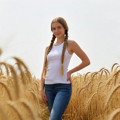 Blonde woman in white tank top wheat field