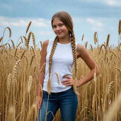 Girl with braids in wheat field