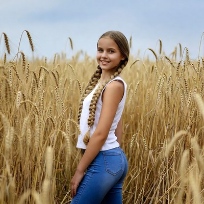 Girl with braids in wheat field
