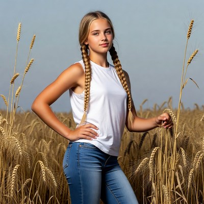 Teen girl with pigtails in wheat field