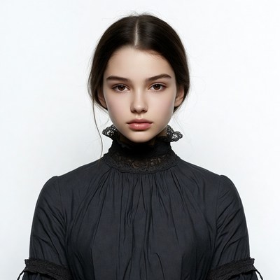 Young woman in black lace collar dress
