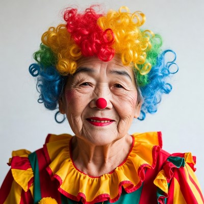 Elderly woman in colorful clown costume
