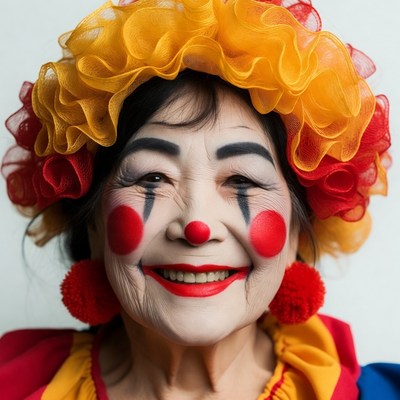 Elderly Asian woman in clown makeup