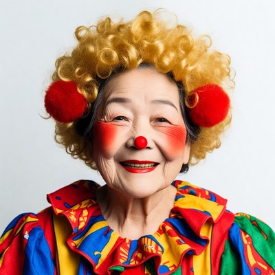 Elderly Asian woman in clown costume