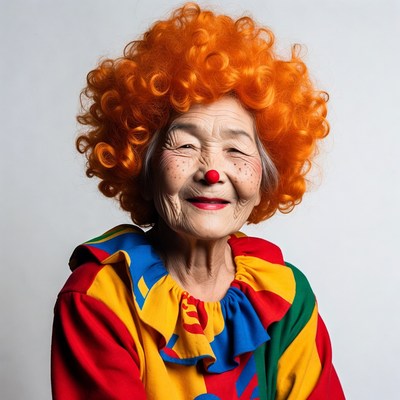 Elderly Asian woman in clown costume