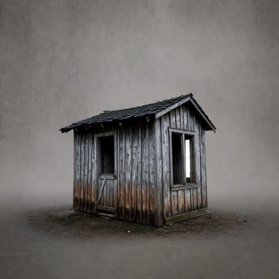 Old wooden shed on foggy ground