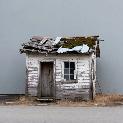 Abandoned Wooden Shed on Gray Background