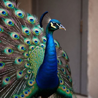 Peacock displaying feathers near door