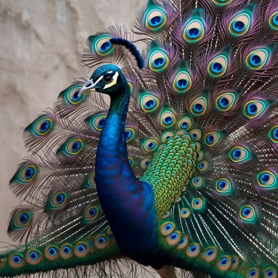 Peacock displaying vibrant tail feathers