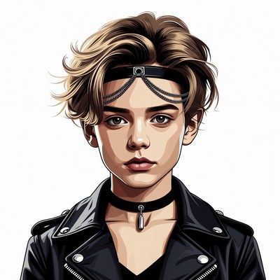 Androgynous person in leather jacket headband