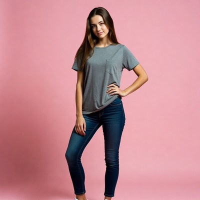 Young woman in gray t-shirt and jeans