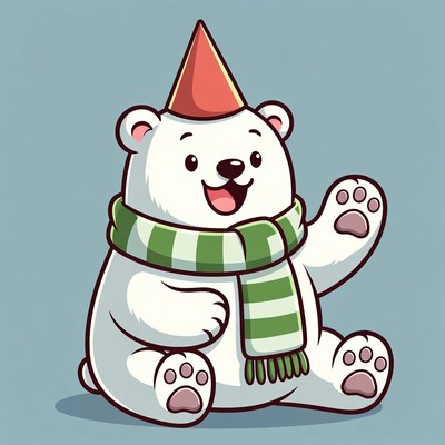 Cartoon polar bear waving in party hat