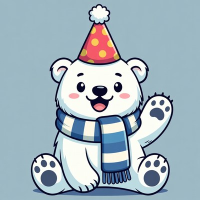 Cute polar bear in party hat waving