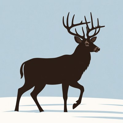 Black silhouette deer walking on snow