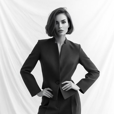 Woman in black suit hands on hips