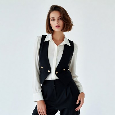 Woman in black vest and white shirt