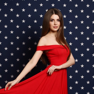 Woman in red dress on American flag background