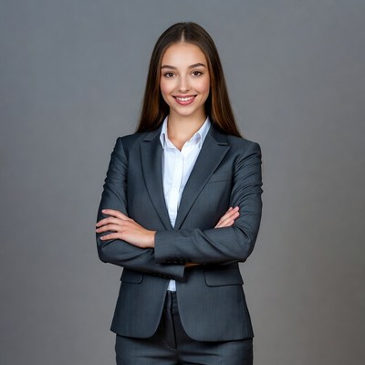 Smiling woman in suit with arms crossed