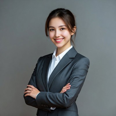 Asian woman in suit arms crossed