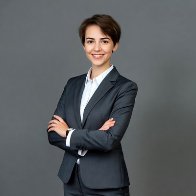 Smiling woman in suit with arms crossed