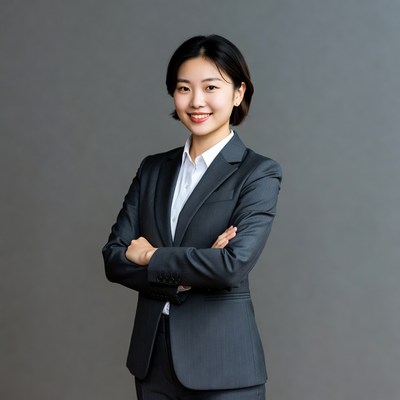 Asian woman in suit with arms crossed