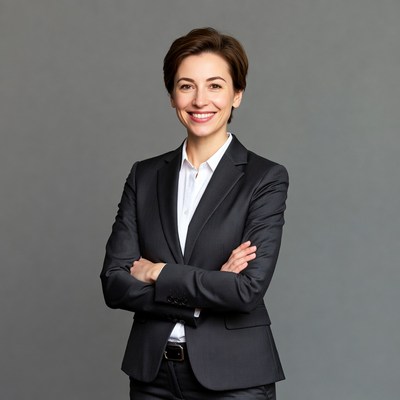 Smiling woman in suit with arms crossed