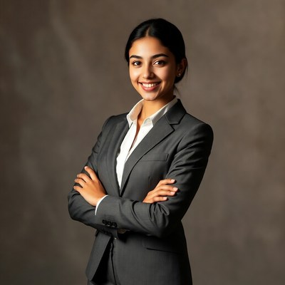 Smiling Asian woman in suit arms crossed