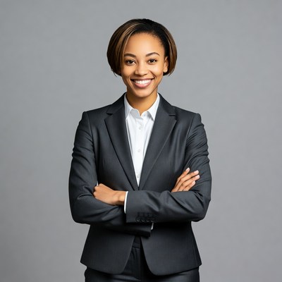 African-American woman arms crossed suit