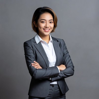 Asian woman in suit arms crossed