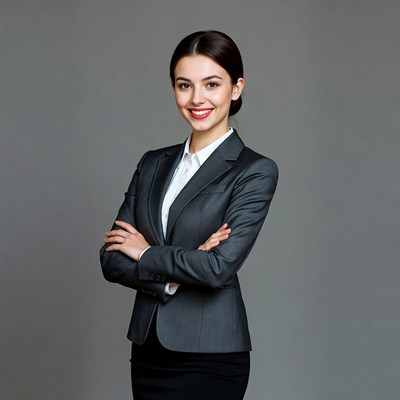 Smiling woman in gray suit arms crossed