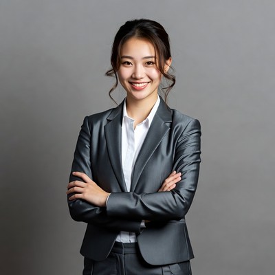 Asian woman in suit arms crossed