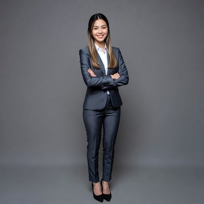 Asian woman in suit arms crossed