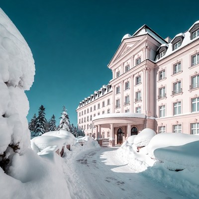 Snowy Pink Hotel in Mountains