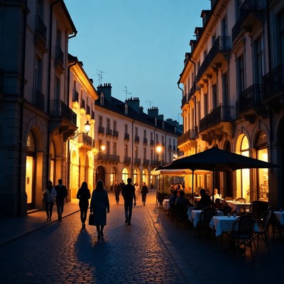 Evening Street Scene with Outdoor Dining