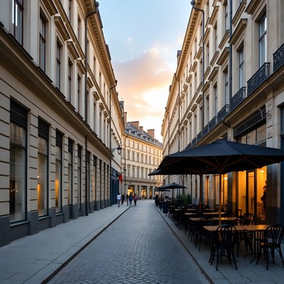 Sunset Cobblestone Street with Outdoor Cafe