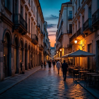 People Walking in Sunset European Alley