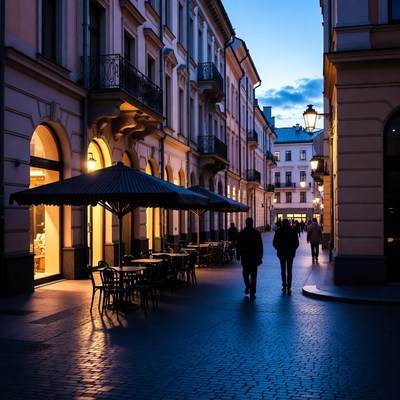 Twilight Street Cafe with Pedestrians