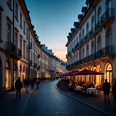 Evening Cobbled Street with Outdoor Cafe