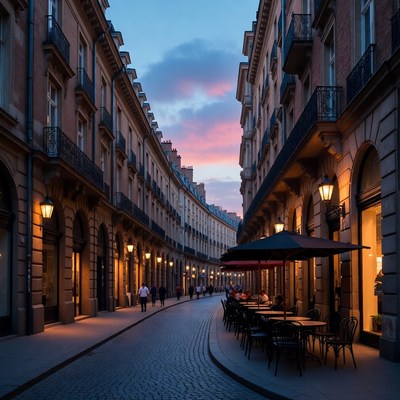 Sunset Cobblestone Street with Cafes