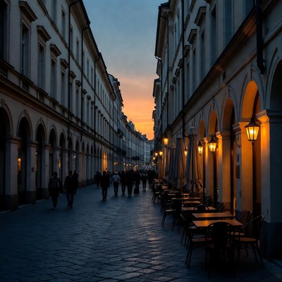 Twilight Cobbled Street with People and Cafes