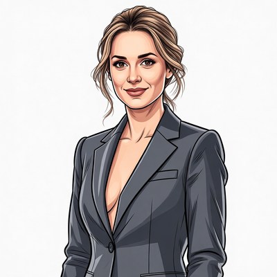 Blonde woman in deep V suit jacket