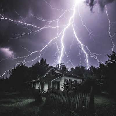 Lightning striking old haunted house