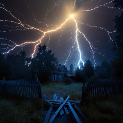 Lightning striking abandoned house