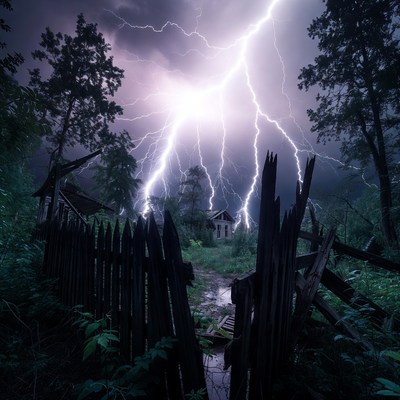 Lightning striking abandoned house in woods