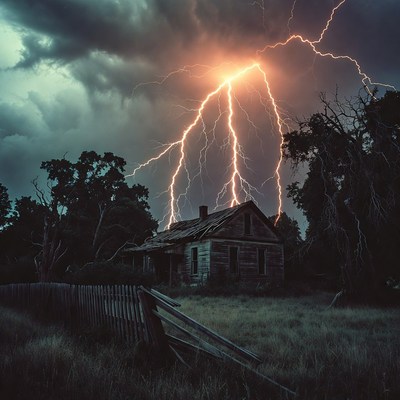 Lightning striking abandoned house